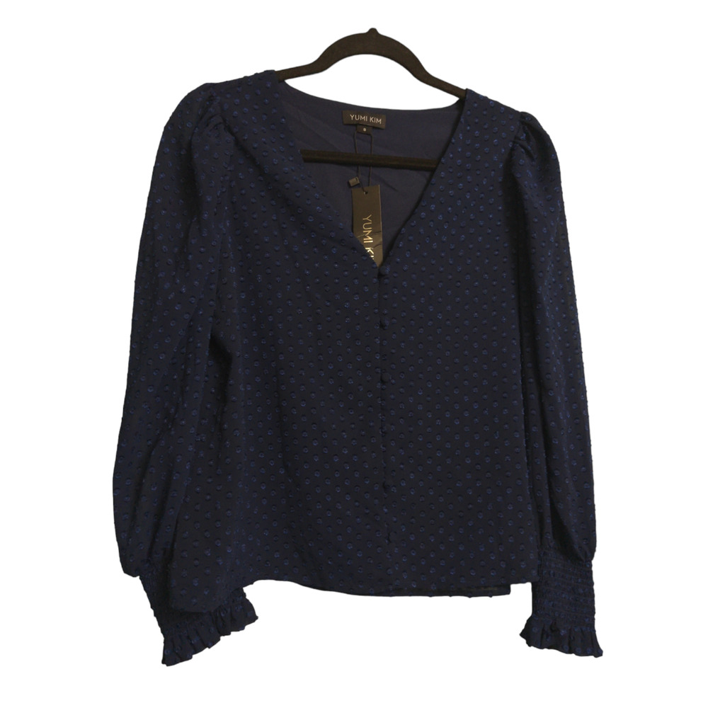 Yumi Kim Check Mate Top Navy Swiss Dot Long Sleeves V Neck Semi Sheer S New
